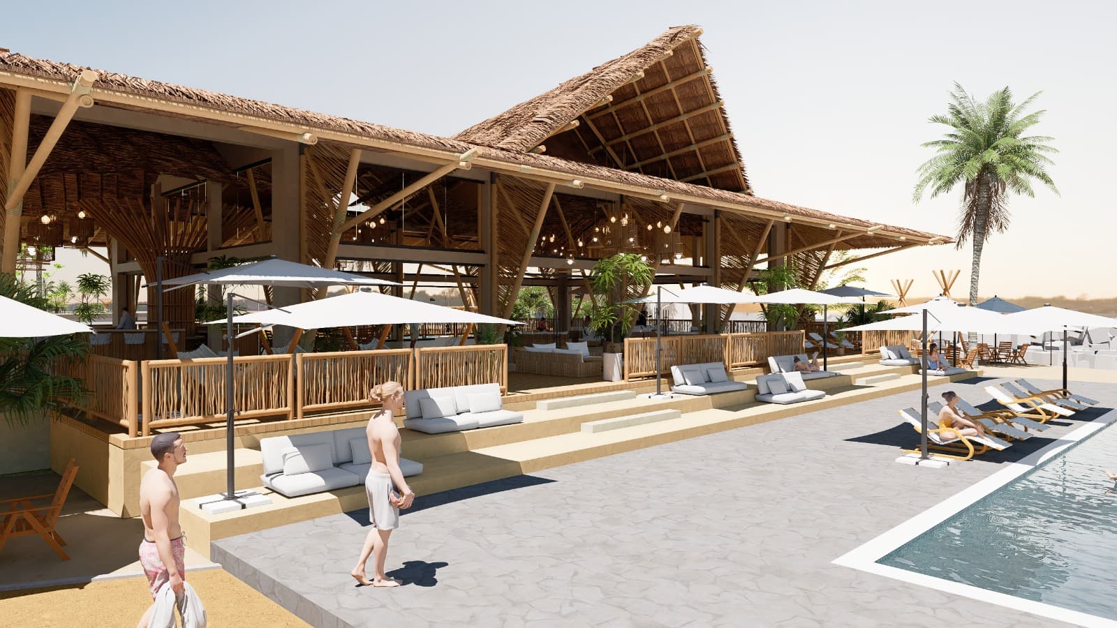 Render de club de playa con alberca y palapa en Boca de Chila