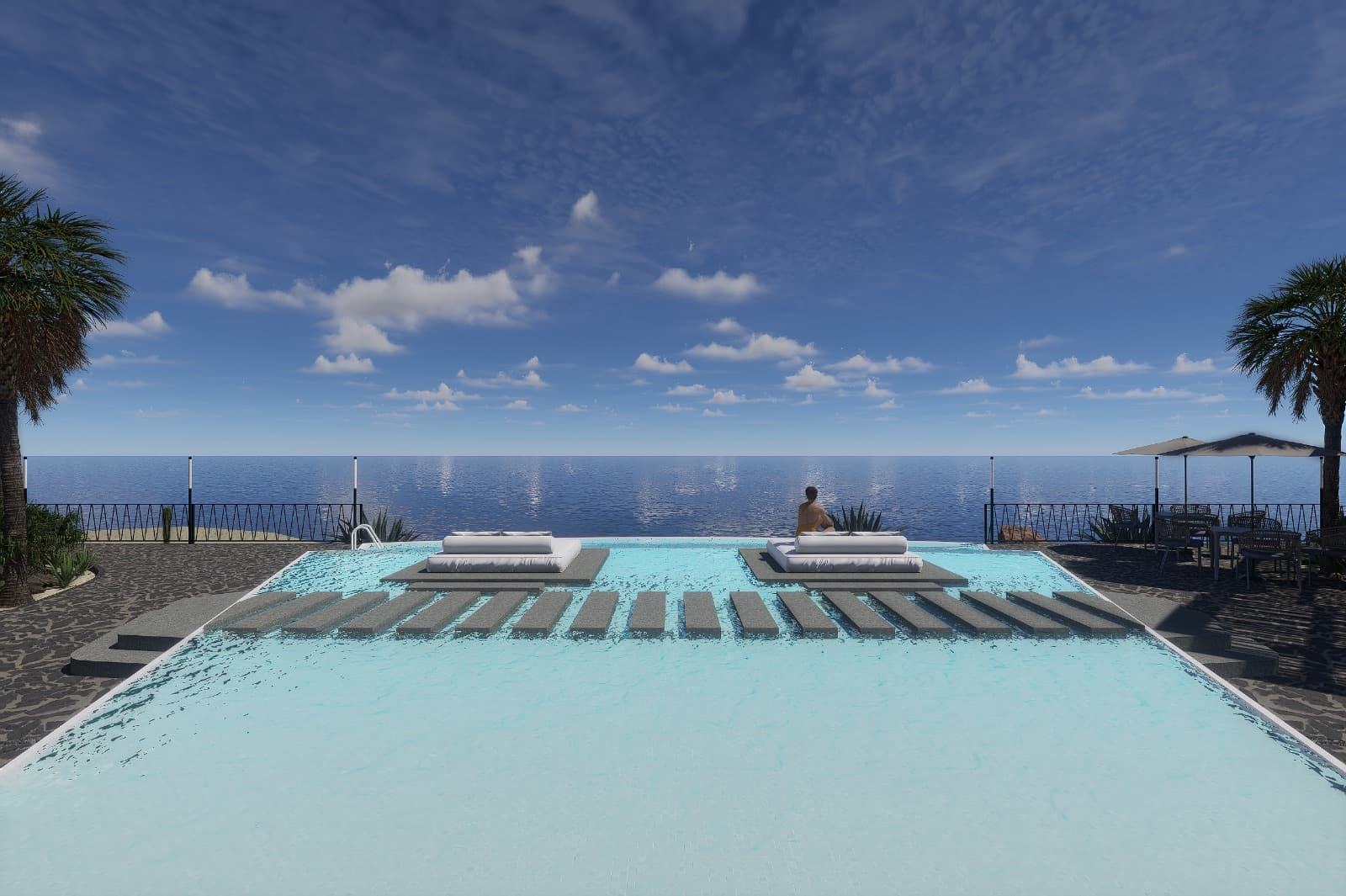 Render de alberca con borde infinito y vista al mar en Caleras