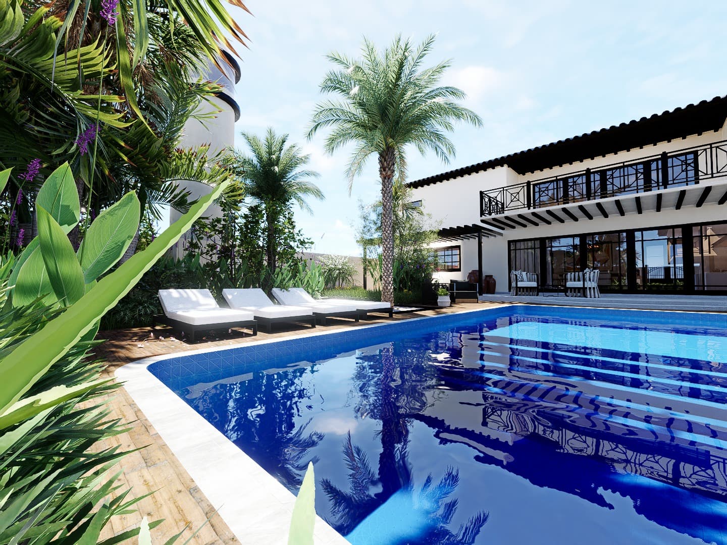 Render de Casa Nogal con piscina, terrazas y vegetación tropical