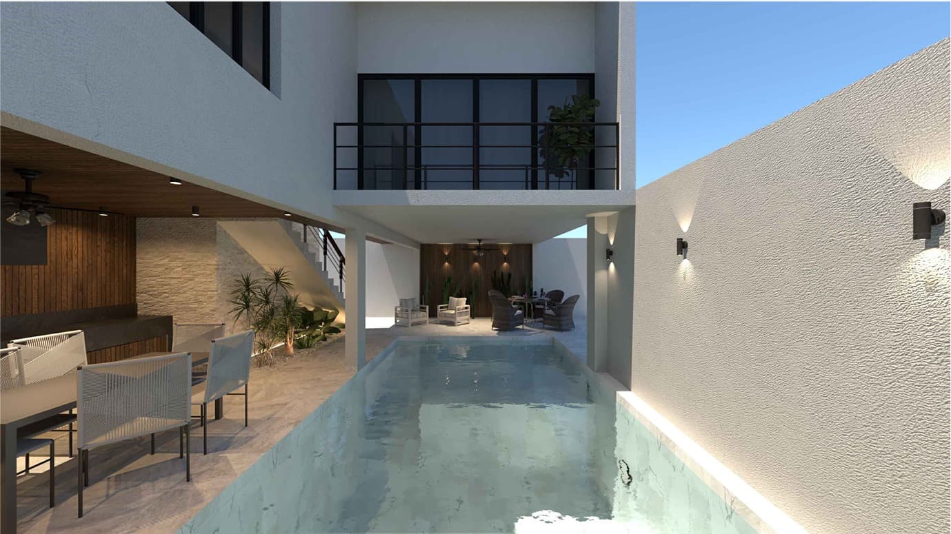 Render de Casa Salina Cruz con alberca longitudinal y arquitectura contemporánea